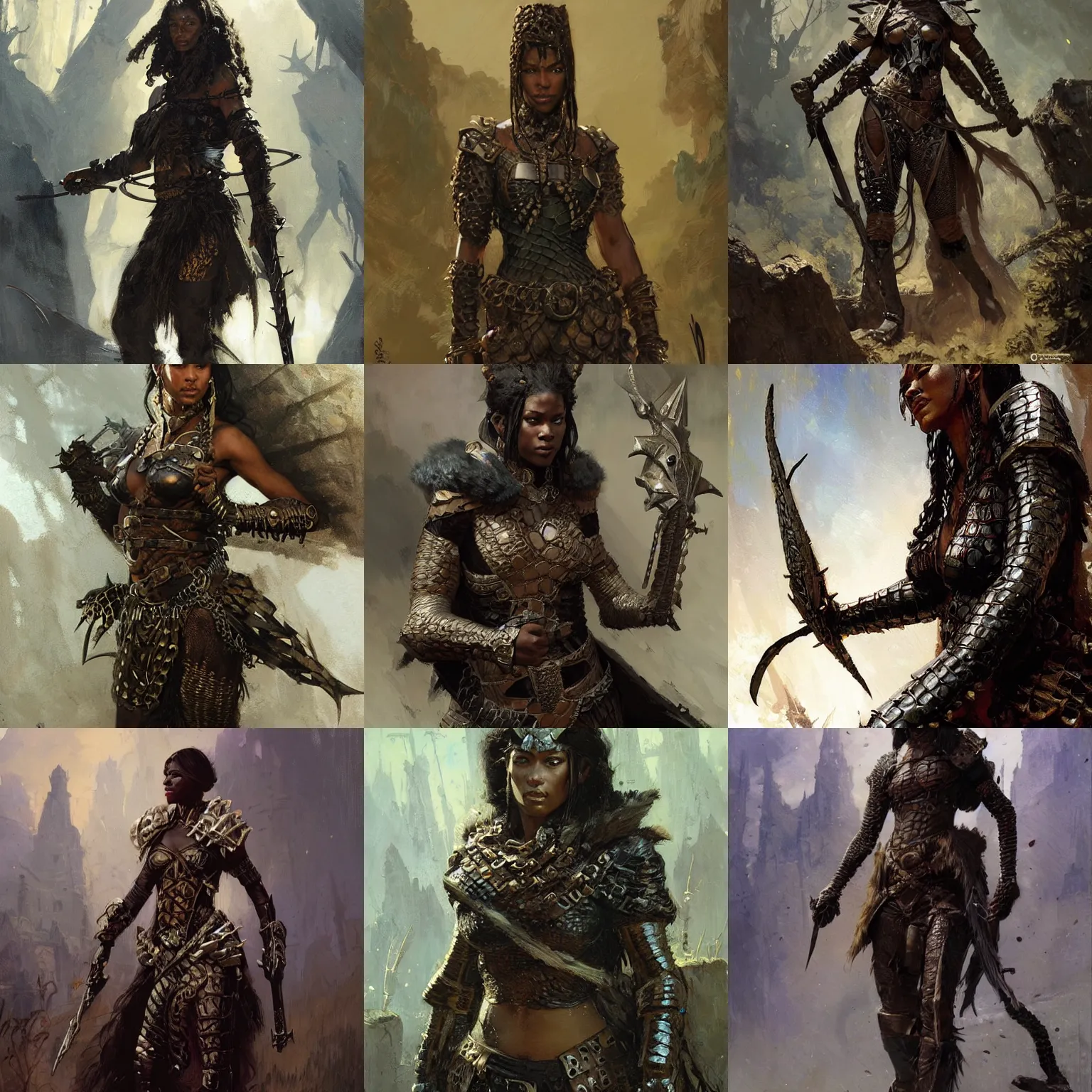 Prompt: a black huntress wearing crocodile bones as armour, fantasy character portrait by Greg Rutkowski, Craig Mullins, Gaston Bussiere