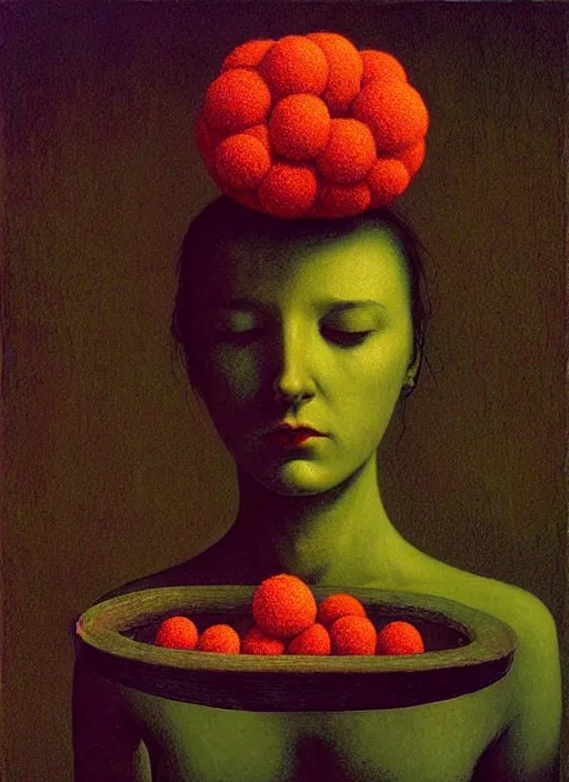 Image similar to She Eats of the Strangling Fruit and Her polyp blossoms bring iridescent fungal flowers whose spores black the foolish stars Edward Hopper and James Gilleard, Zdzislaw Beksinski, Mark Ryden, Wolfgang Lettl highly detailed