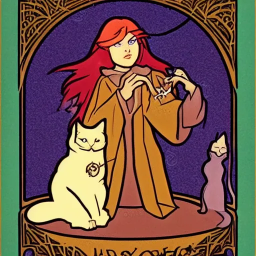 Prompt: female mage is casting a magic spell, with a small cat by her side, d & d, fantasy, magic, mucha style,