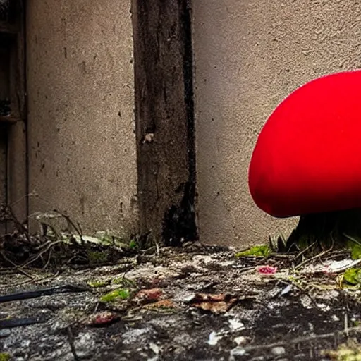 Image similar to beautiful dystopian deserted overgrown city red mushroom, muppets