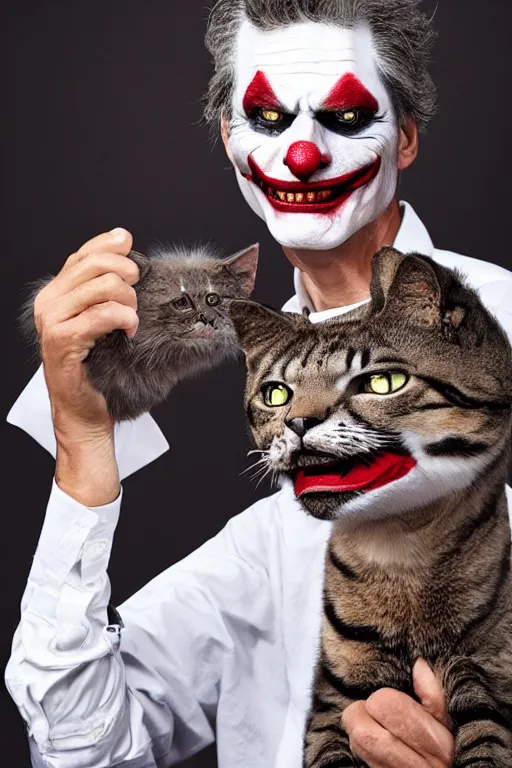 Image similar to Mauricio Macri with an angry cat in his hand in Elaborate Joker Makeup and prosthetics designed by Rick Baker, Hyperreal, Head Shots Photographed in the Style of Annie Leibovitz, Studio Lighting