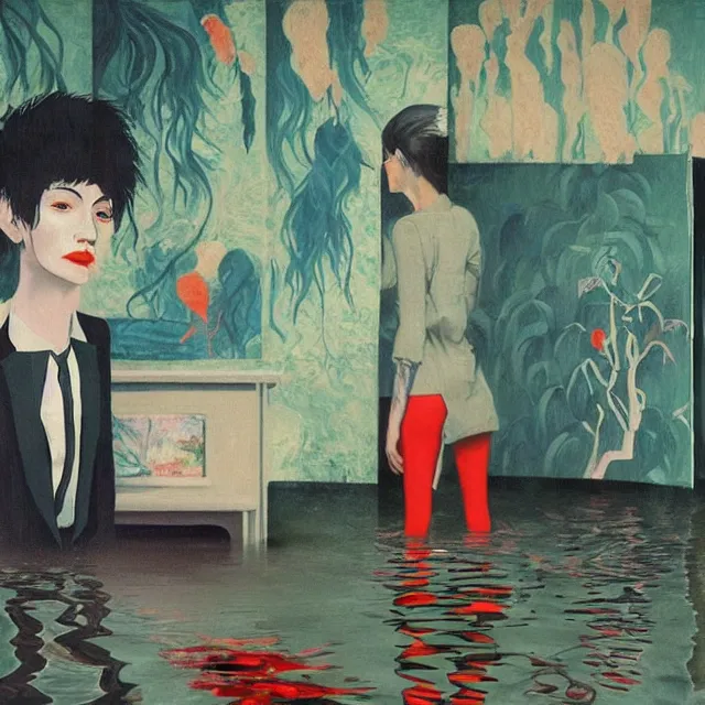 Image similar to tall emo artist in her flooded apartment, painting of flood waters inside an artist's home, a river flooding indoors, pomegranates, pigs, ikebana, zen, water, octopus, river, rapids, waterfall, black swans, canoe, berries, acrylic on canvas, surrealist, by magritte and monet