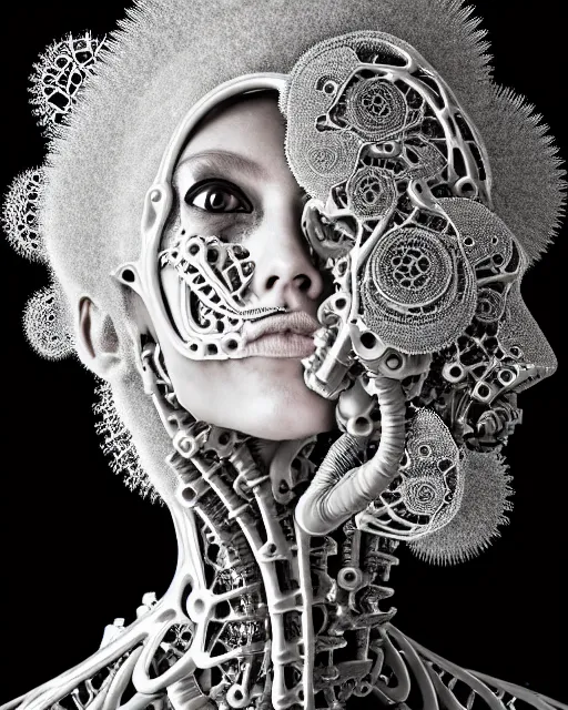 Image similar to surreal black and white photo portrait of complex biomechanical young female cyborg with a mandelbrot fractal metal fine lace face, silver hair, 150 mm lens, soft rim light, fine metal floral foliage super big lace collar, Alexander McQueen, high fashion, haute couture, rococo, steampunk, silver filigree details, anatomical, facial muscles, cable wires, microchip, elegant, hyper realistic, octane render, unreal engine, by Man Ray and Dora Maar, volumetric lighting, 8k,