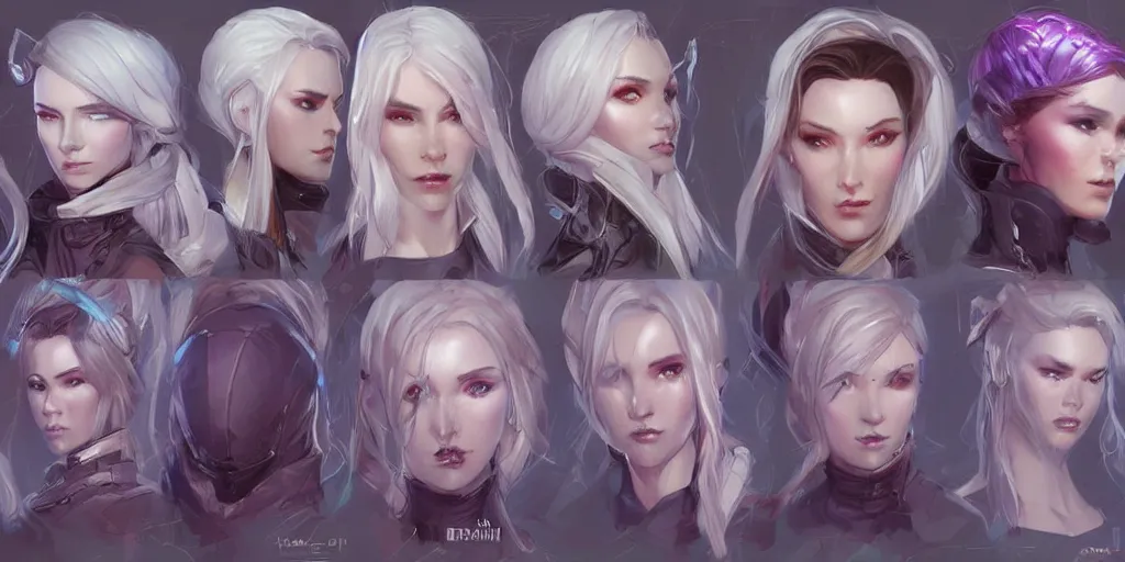 Image similar to concept art of russian female netrunner d & d video game characters head designs, unique hair designs, by marc brunet and artgerm