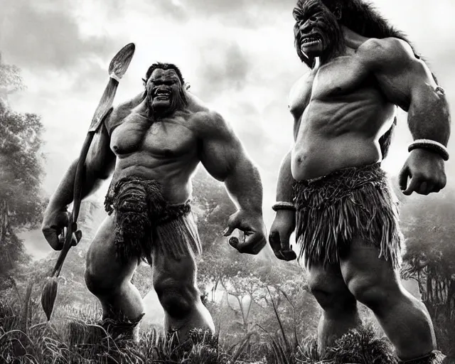 Image similar to hyper realistic group vintage photograph of a live action warcraft orc warrior tribe in the jungle, tall, hulk like physique, detailed faces, tribal paint, tribal armor, grain, old, monochrome, sepia toned, realistic lighting, wide angle