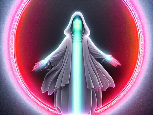 Image similar to a gray faceless figure, ascended, robot wizard, NPC with a saint\'s halo, saintly halo behind their head made of neon filigree, consulting the cyber oracle of all knowledge, at the end of time, in an esoteric ritual exchange of physical code, 8k, 4k, unreal 5, DAZ, trending on artstation, octane render, abstract painting, bright blue future