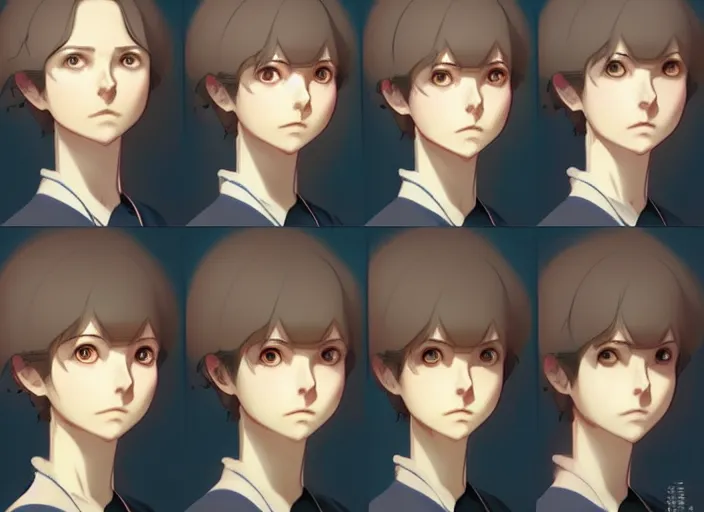 Image similar to 1 8 5 5 nurse, character face study, multiple angles, directions and moods. faces only, concept art finely detailed perfect art, painted by greg rutkowski makoto shinkai takashi takeuchi studio ghibli, pinterest, cevagraf comics