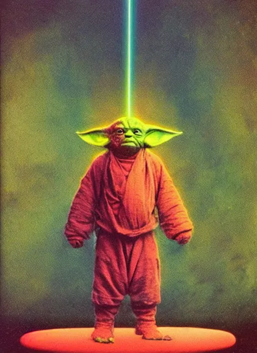 Image similar to colorful chromatic abberation, 9 0 s toy commercial, photo from the 7 0 s, polaroid photo of yoda, by zdzislaw beksinski