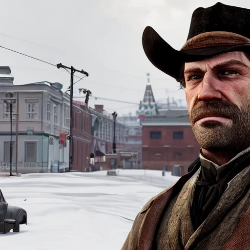 Prompt: arthur from rdr 2 high detailed face in russia reality 2 0 2 0 at russia, tolyatti sportivnaia street 7, cars, snow, buildings photorealism