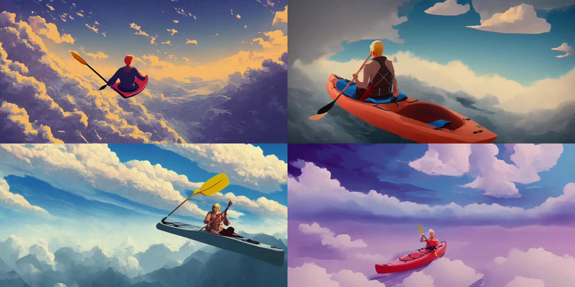 Prompt: blond kayaker paddling on his back above the clouds in the sky, by James Gilleard, highly detailed trending at artstation, 4k, hdr