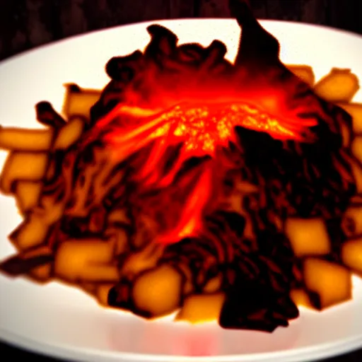 Image similar to highly detailed poutine from mount doom, lava texture, fire texture, volcano texture, smoke texture, char texture