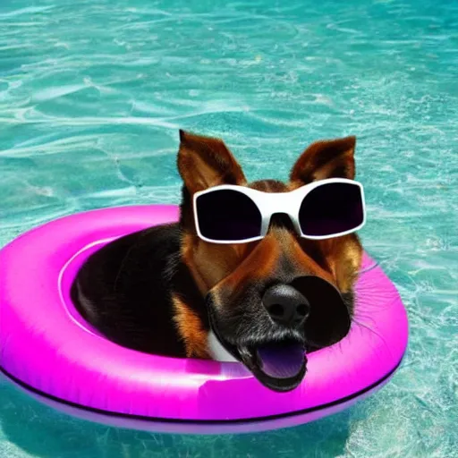 Prompt: photo of dog wearing sunglasses in a pool floater