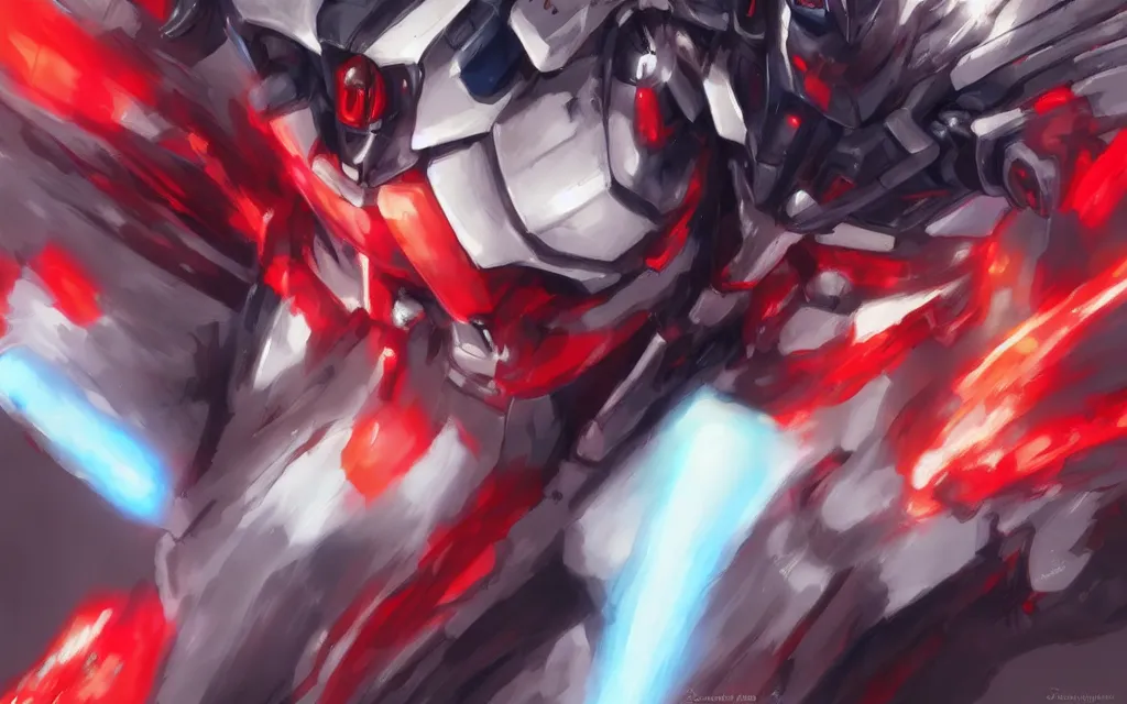 Image similar to A realistic anime portrait of a Gundam with glowing red eyes, digital painting, by Stanley Artgerm Lau, Sakimichan, WLOP and Rossdraws, digtial painting, trending on ArtStation, SFW version