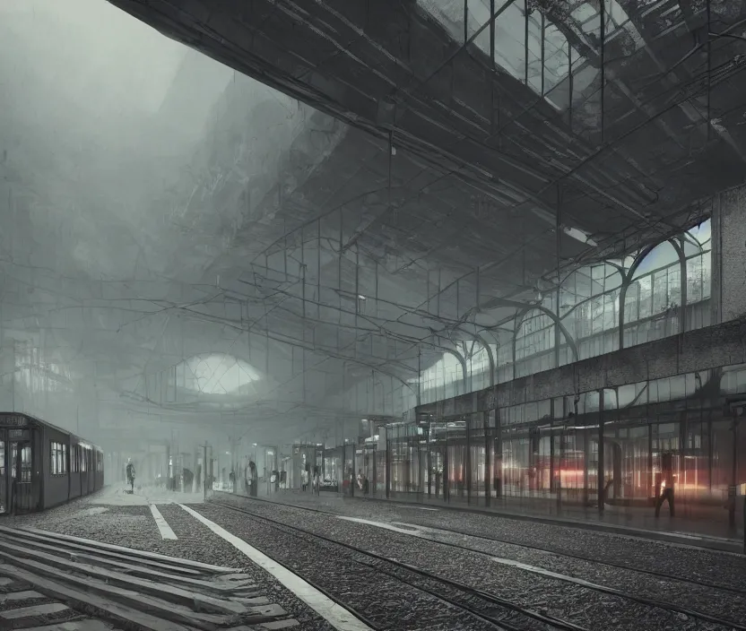 Image similar to A urban train station, gloomy and foggy atmosphere, octane render, artstation trending, horror scene, highly detailded