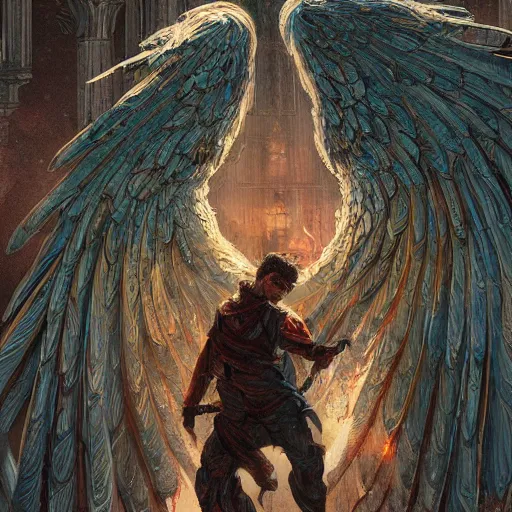 Prompt: angel protecting man, detailed intricate ink illustration, happy atmosphere, detailed illustration, hd, 4k, digital art, overdetailed art, by greg rutkowski, by loish, complementing colors, Trending on artstation, movie poster style