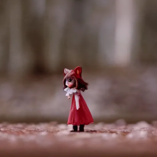 Prompt: a cinematic film still of a claymation stop motion film starring emma watson as little red riding hood, and realistic wolf, shallow depth of field, 8 0 mm, f 1. 8