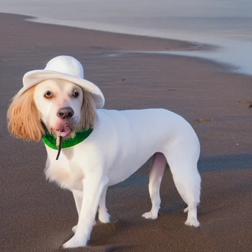 Prompt: Dog with white hat on his head, on the beach having a picknick