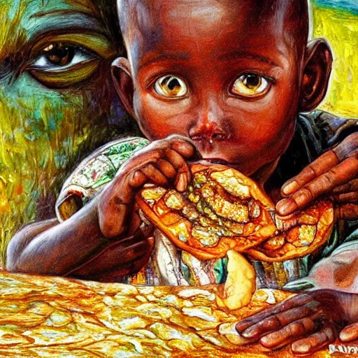 Image similar to oil painting of a malnourished ugandan boy sharing bread with a blond well fed child, by josephine wall american