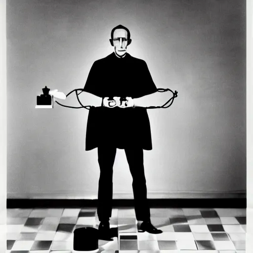 Prompt: a minimalist portrait of Marcel Duchamp holding computer cabled and chess piece in the style of Annie Leibovitz, Irving Penn, Hito Steyerl, Akira Kurosawa, Shinya Tsukamoto, wide angle, monochrome, futuristic tetsuo