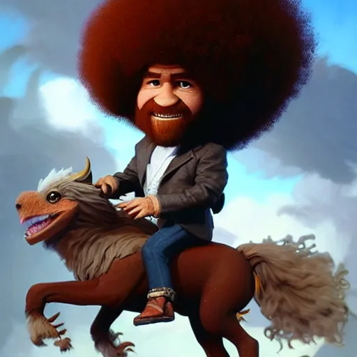 Prompt: bob ross!!! riding!!! a gryphon!!, giant afro!, model pose, ultra realistic, concept art, intricate details, highly detailed, photorealistic, octane render, 8 k, unreal engine. art by artgerm and greg rutkowski and alphonse mucha