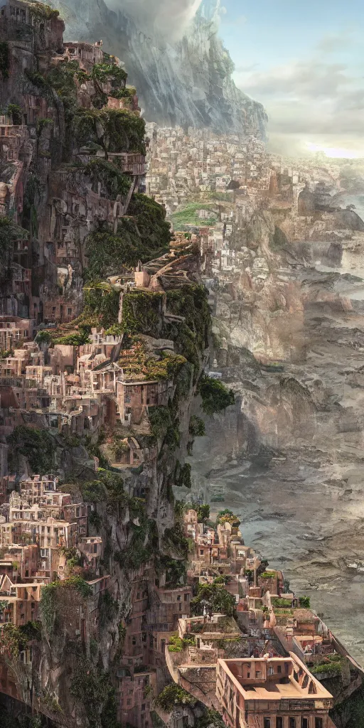 Image similar to a painting of a city built into the side of a cliff, a detailed matte painting by wes anderson, morphosis, daniel libeskind, nature meets architecture, cgsociety, fantastic realism, matte painting, terragen, artstation hq