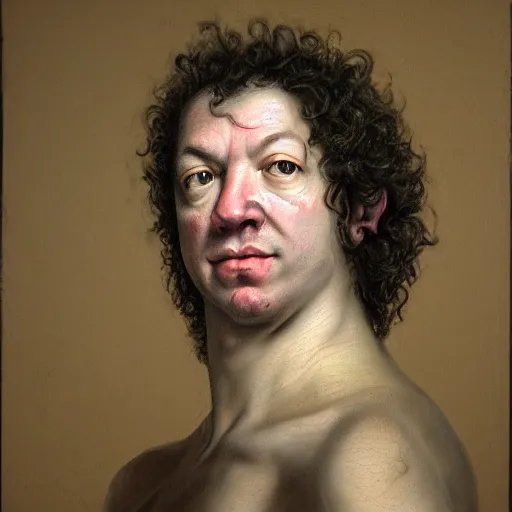 Image similar to A 17th century Baroque Painting of Dean Ween, grainy, realistic, hyperrealistic, very realistic, very very realistic, highly detailed, very detailed, extremely detailed, detailed, digital art, trending on artstation, detailed face, very detailed face, very detailed face, realism, HD Quality, 8k resolution, intricate details, body and head in frame, painting, oil painting, trending on deviantart, Baroque Painting