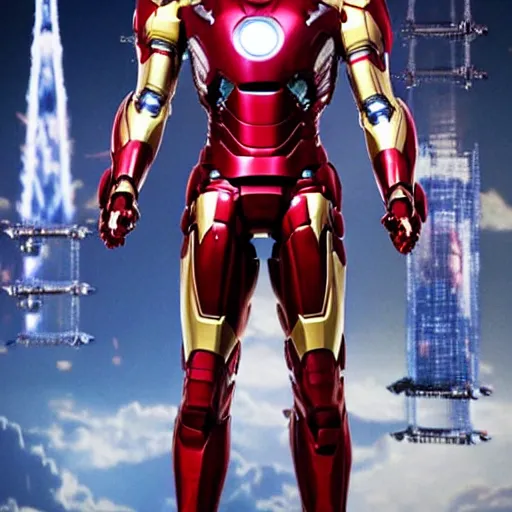 Image similar to promotional image of Shinzo Abe as Iron Man in Iron Man（2008）, he wears Iron Man armor without his face, movie still frame, promotional image, imax 70 mm footage