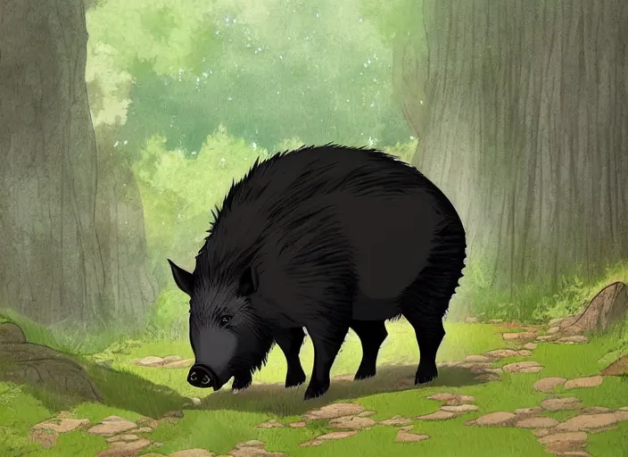 Prompt: a majestic black boar in a mythical forest next to a pathway, by ghibli and miyasaki, flat, 2 d, illustration, great composition