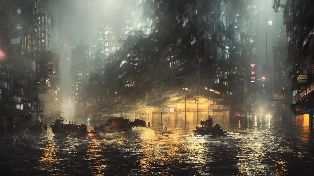 Image similar to dramatic Photorealistic, Matte Painting of a tug boat with bright head lights exploring post apocalyptic flooded Hong Kong city street at night,dark Tall buildings by Greg Rutkowski,Craig Mullins,Hyperrealism,Beautiful dramatic moody lighting,Cinematic Atmosphere,Volumetric,VRay Rendering,8K