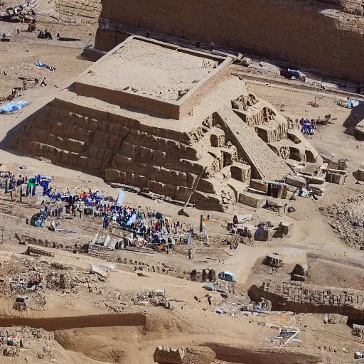 Prompt: tilt shift drone photo of the construction of the Egyptian pyramids