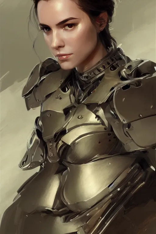 Image similar to a professionally painted portrait of an attractive young woman, clothed in military armor, olive skin, long dark hair, beautiful bone structure, symmetrical facial features, intricate, elegant, digital painting, trending on Artstation, concept art, smooth, sharp focus, illustration, from Metal Gear by Ruan Jia and Mandy Jurgens and Artgerm and William-Adolphe Bouguerea, award winning