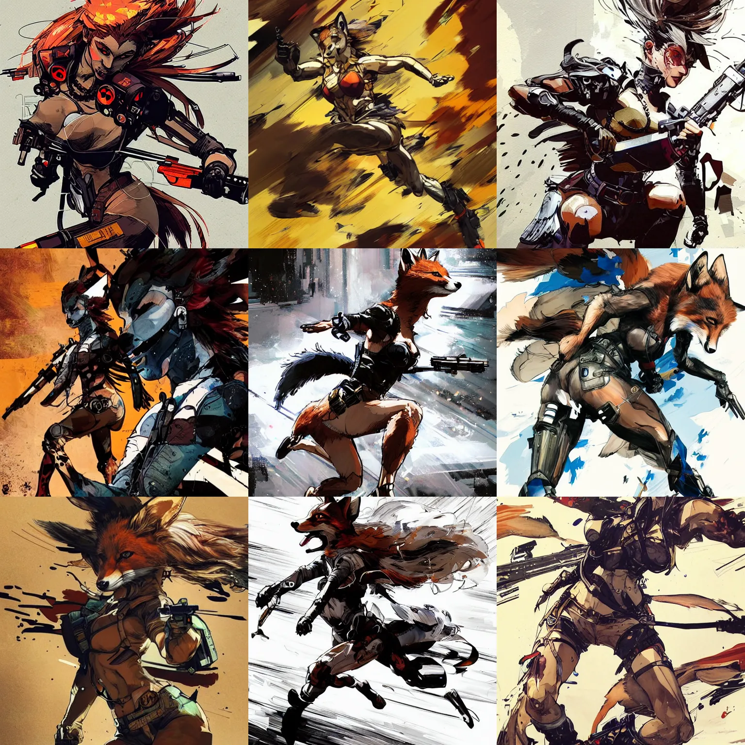 Prompt: a beautiful, dynamic illustration of an anthropomorphic fox woman running and gunning in the wild west. art by yoji shinkawa and sandra chevrier, trending on artstation, award - winning, perfect composition, motion blur.