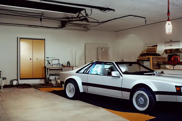 Prompt: 1984 Audi Quattro, BMW M1 Lincoln Continental, inside of a minimalist Tokyo garage, ektachrome photograph, volumetric lighting, f8 aperture, cinematic Eastman 5384 film