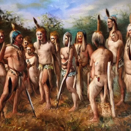 Image similar to A painting of a group of white skinned tribespeople.