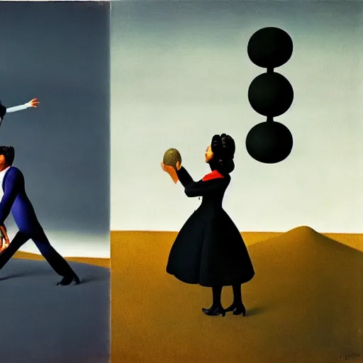 Image similar to A man and a woman working together to hold up an incredibly heavy stone, frustration, heartbreak, surrealism, in the style of René Magritte