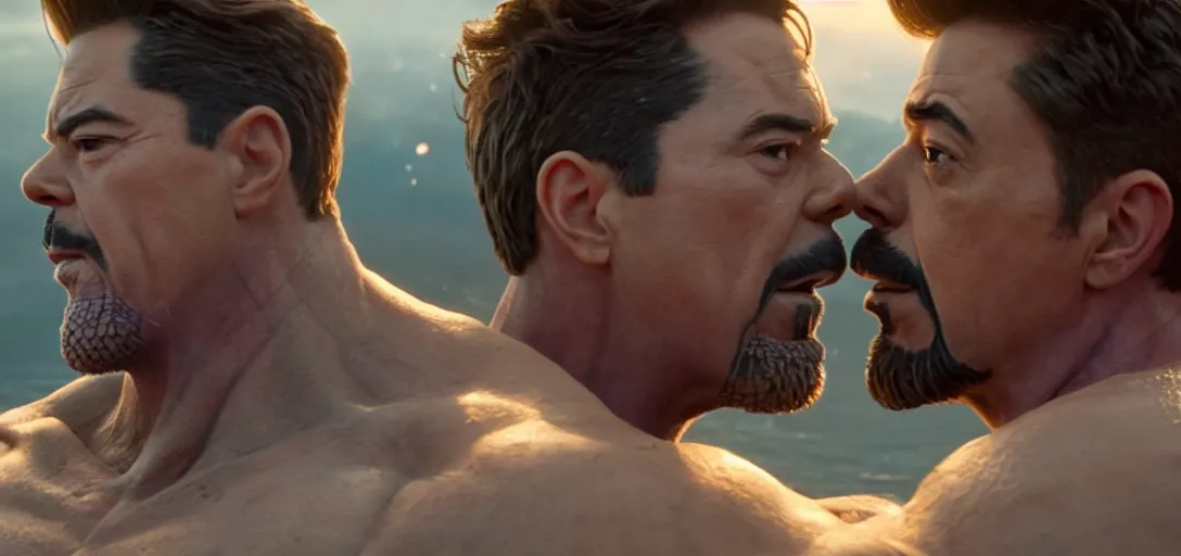 Prompt: a very high resolution image from a new movie. thanos kissing tony stark on a lake, photorealistic, photography, directed by wes anderson