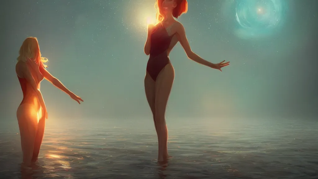 Image similar to A beautiful woman standing in a lake reaching for the stars, by Lois van Baarle, by Greg Rutkowski, by artgerm, by beeple, volumetric lighting, 4k resolution, octane render, trending on artstation