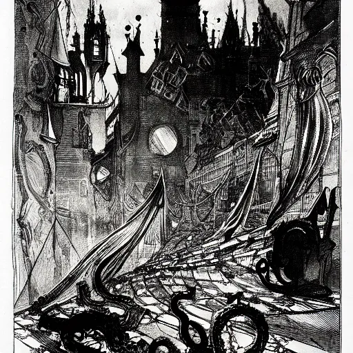 Prompt: the alchemical art of etching by master anders zorn. a lovecraftian horror destroying a city. ink highly detailed lines