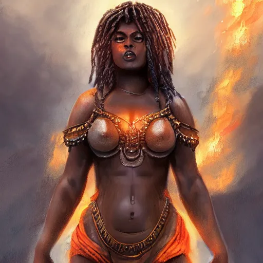 Prompt: a colossal goddess from above, creative, brown skin, giant, digital art, city, town, highly detailed, photo manipulation, up there, dark gray hair, digital painting, on fire, smoke, artstation