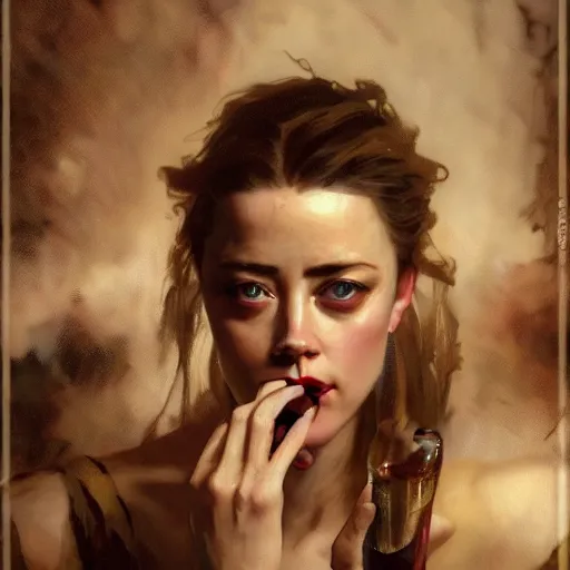 Image similar to hyperrealistic portrait of a woman as amber heard drinking wine in hell by jeremy mann and alphonse mucha, fantasy art, photo realistic, dynamic lighting, artstation, poster, volumetric lighting, very detailed faces, 4 k, award winning