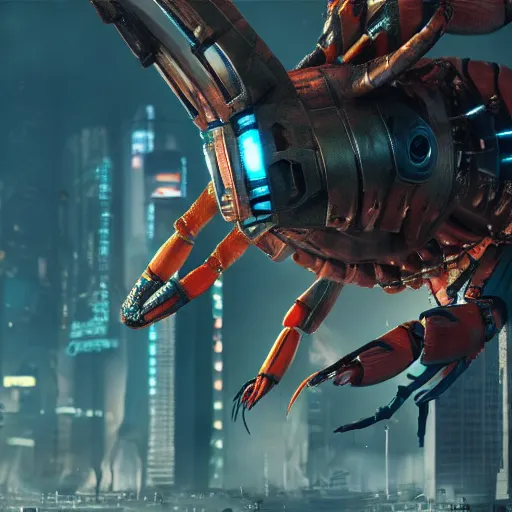 Image similar to a giant robotic shrimp standing in a dystopian city, cyberpunk, dystopian, god, evil, villain, sharp focus, dynamic lights, still, photograph, hyper realistic, masterpiece, digital, octane render, rendered, 3 d, blender, 3 d software, cinematic, cinematic lighting, dramatic lighting, dramatic, highly detailed, intricate details, texture, slime, cinematic composition