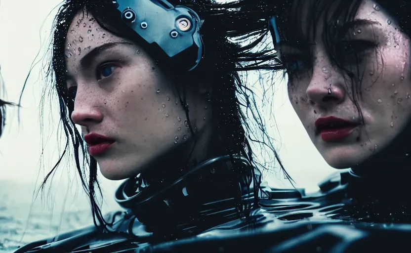 Image similar to cinestill 5 0 d candid action photographic portrait by quentin tarantino of two loving female androids wearing rugged black mesh techwear in treacherous waters, extreme closeup, modern cyberpunk retrofuturism moody emotional cinematic, pouring iridescent rain, 8 k, hd, high resolution, 3 5 mm, f / 3 2, motion blur, ultra realistic faces, ex machina