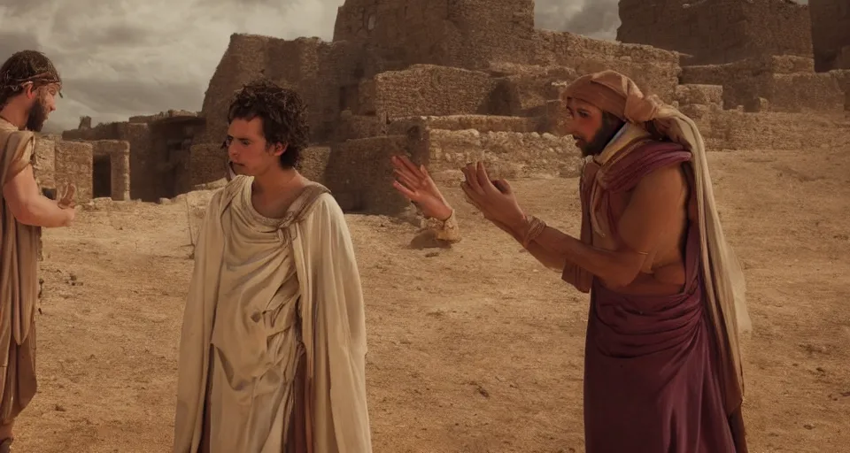 Image similar to award winning cinematic still of 26 year old male in ancient Canaanite clothing meeting 18 year old female in ancient Canaanite clothing, dramatic lighting, establishing shot, high detail, Biblical epic directed by Wes Anderson, HD, wallpaper,