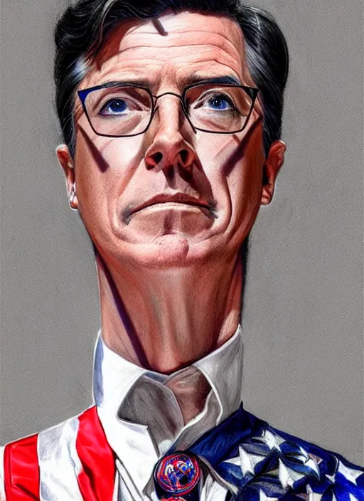 Prompt: a portrait of stephen colbert dressed in an american flag, stoic, fantasy, intricate, elegant, beautiful, highly detailed, charcoal, centered, dark, smokey, digital painting, artstation, concept art, smooth, sharp focus, illustration, art by artgerm and greg rutkowski and alphonse mucha