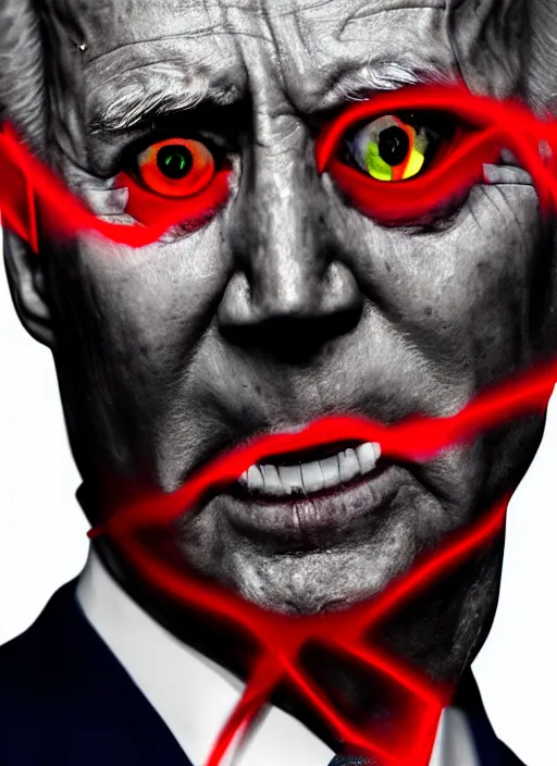 Prompt: hyper realistic ultra realistic vengeful photo furious glowing red eyes biden, high quality photo, detailed , 8k
