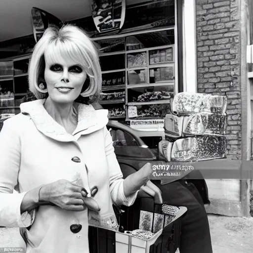 Image similar to a beautiful portait for joanna lumley selling eggs outside a co - operative store during world war 4, epic, beautiful, monumental, 4 k, mexican, victorian,