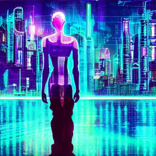 Image similar to cyberpunk city with a woman with a side head shave. city lights of aqua, green, and purple neon lighting, reflections