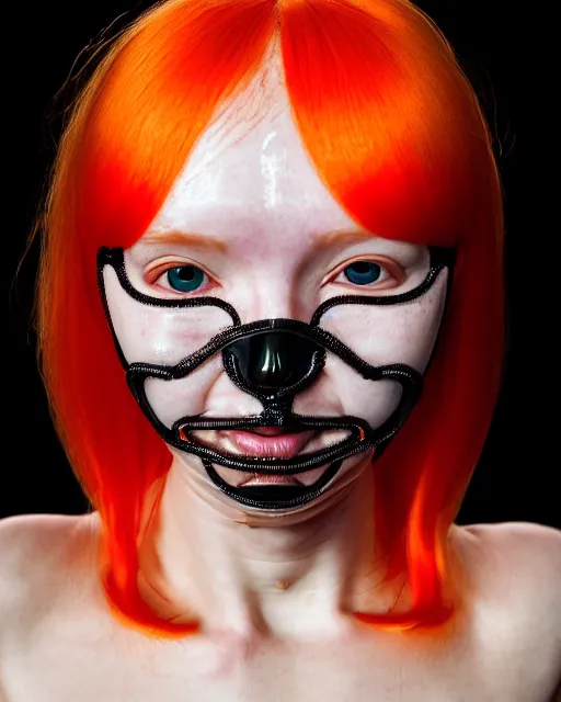 Image similar to symmetrical close - up portrait of a woman wearing a translucent silicone beauty mask and orange hair, wearing a black bodysuit by alexander mcqueen, black background, soft diffused light, biotechnology, humanoide robot, bjork aesthetic, translucent, by rineke dijkstra, intricate details, highly detailed, masterpiece,