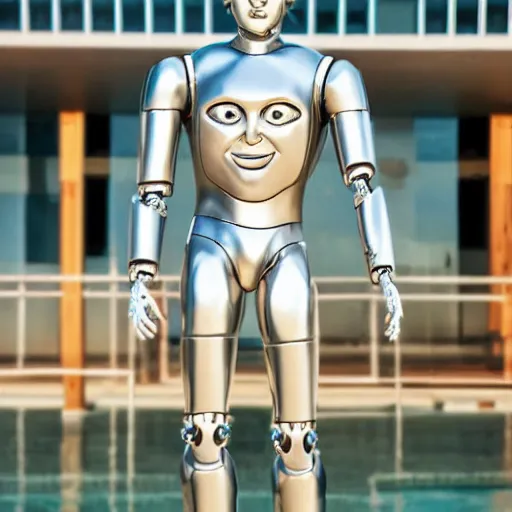 Prompt: a realistic detailed photo of a guy who is an attractive humanoid who is half robot and half humanoid, who is a male android, wrestler aj batista, shiny skin, posing like a statue, blank stare, by the pool, on display, showing off his muscles, humanoid robot, frozen ice statue