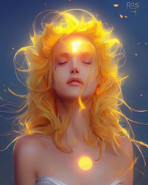 Image similar to a beautiful sun goddess, flowy yellow golden hair, sun, summer, cinematic lighting, highly detailed, digital painting, trending on artstation, pixiv, concept art, sharp focus, illustration, art by ross tran and wlop